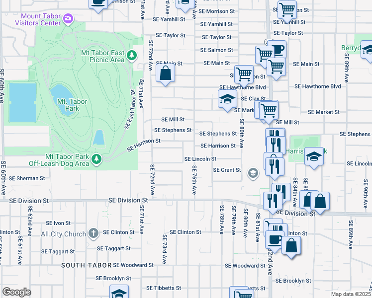 map of restaurants, bars, coffee shops, grocery stores, and more near 2030 Southeast 75th Avenue in Portland