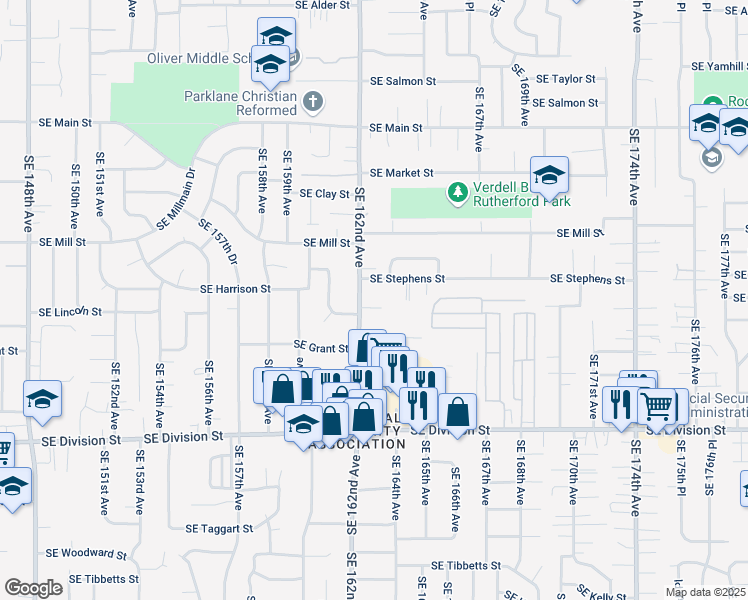 map of restaurants, bars, coffee shops, grocery stores, and more near 16231 Southeast Harrison Street in Portland