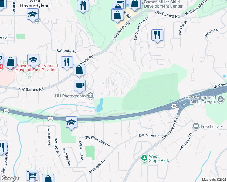 map of restaurants, bars, coffee shops, grocery stores, and more near 7734 Southwest Barnes Road in Portland
