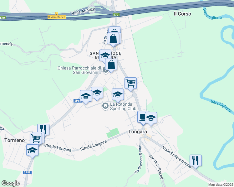 map of restaurants, bars, coffee shops, grocery stores, and more near Via Filippo Turati in Vicenza