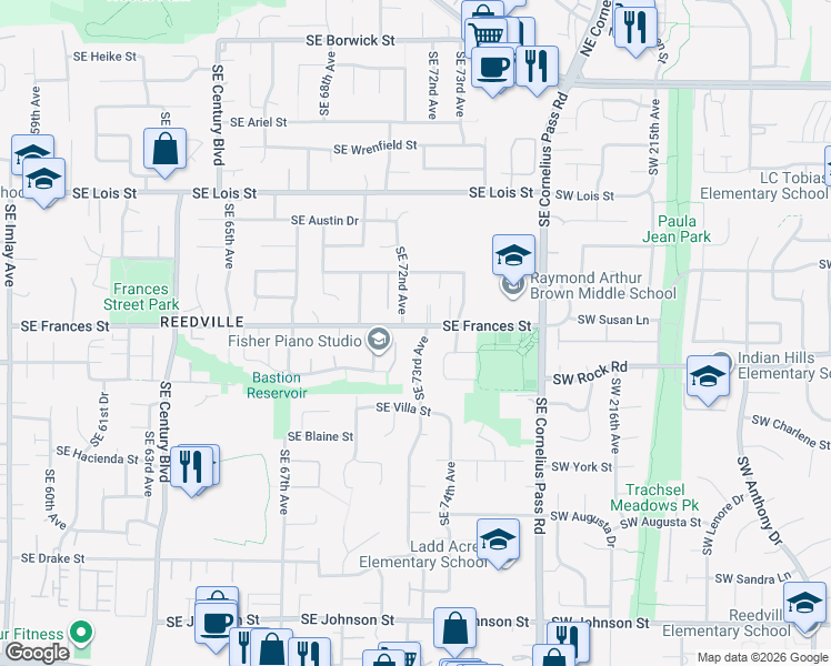 map of restaurants, bars, coffee shops, grocery stores, and more near 7280 Southeast Frances Street in Hillsboro