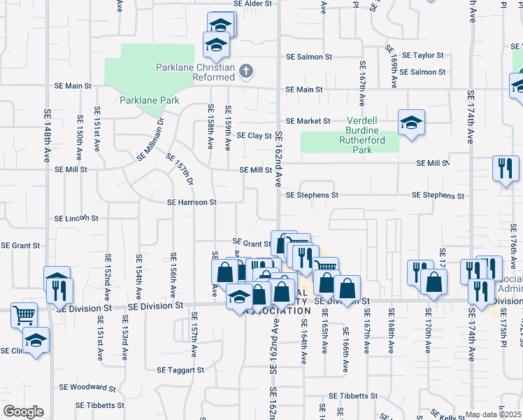 map of restaurants, bars, coffee shops, grocery stores, and more near 1948 Southeast 161st Avenue in Portland