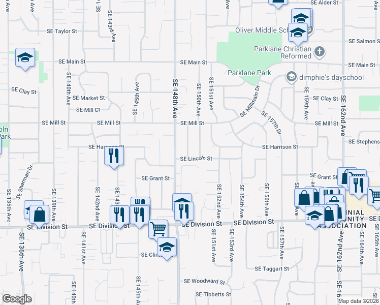 map of restaurants, bars, coffee shops, grocery stores, and more near 1948 Southeast 149th Avenue in Portland