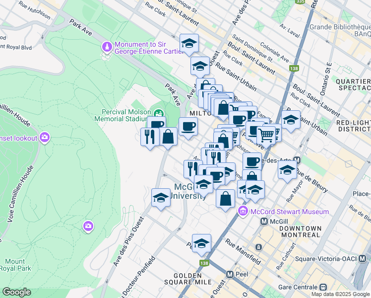 map of restaurants, bars, coffee shops, grocery stores, and more near 3625 Rue Lorne Crescent in Montréal