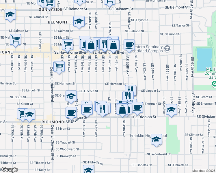map of restaurants, bars, coffee shops, grocery stores, and more near 2015 Southeast 47th Avenue in Portland