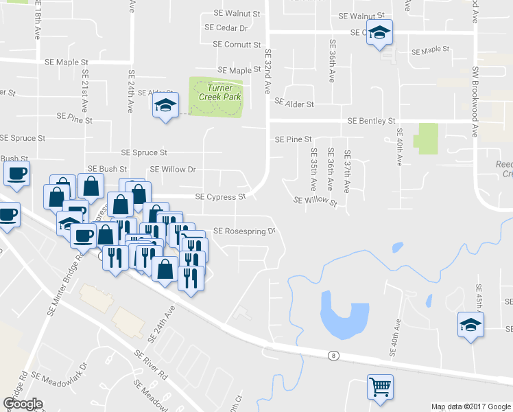 map of restaurants, bars, coffee shops, grocery stores, and more near 3125 Southeast Willow Drive in Hillsboro