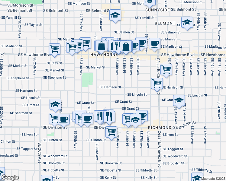 map of restaurants, bars, coffee shops, grocery stores, and more near 2020 Southeast 34th Avenue in Portland