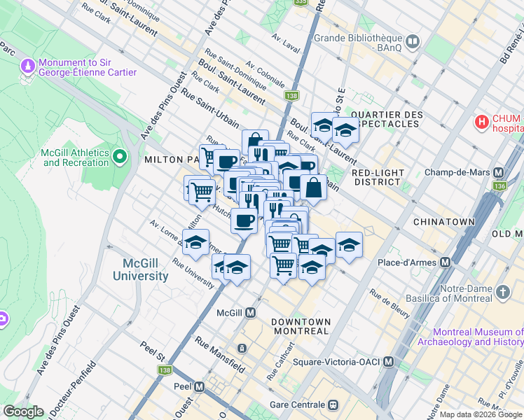 map of restaurants, bars, coffee shops, grocery stores, and more near 320 Rue Sherbrooke Ouest in Montréal