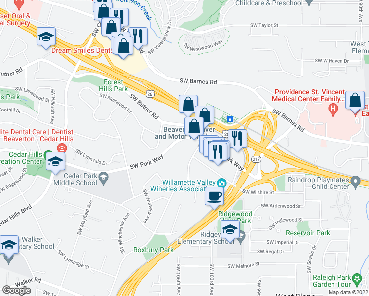 map of restaurants, bars, coffee shops, grocery stores, and more near 1585 Southwest Marlow Avenue in Portland