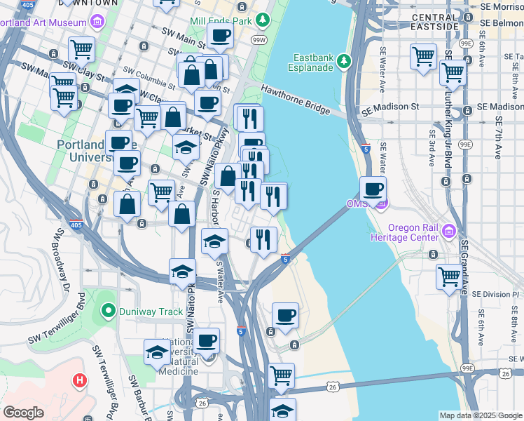 map of restaurants, bars, coffee shops, grocery stores, and more near 2039 South River Drive in Portland