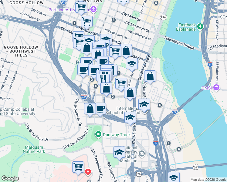 map of restaurants, bars, coffee shops, grocery stores, and more near 301 Southwest Lincoln Street in Portland
