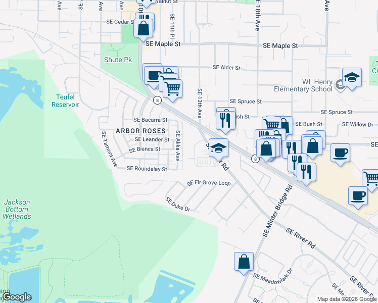 map of restaurants, bars, coffee shops, grocery stores, and more near 1459 Southeast Enterprise Circle in Hillsboro