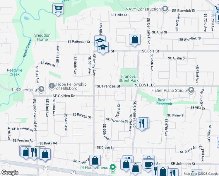 map of restaurants, bars, coffee shops, grocery stores, and more near 1532 Southeast 60th Court in Hillsboro