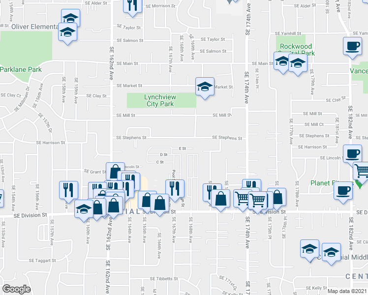 map of restaurants, bars, coffee shops, grocery stores, and more near 16812 Southeast Stephens Street in Portland
