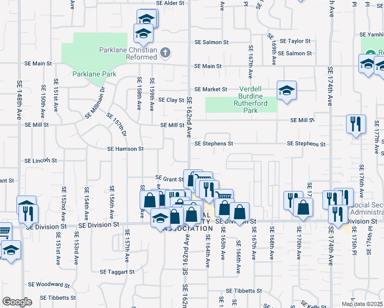 map of restaurants, bars, coffee shops, grocery stores, and more near 16231 Southeast Harrison Street in Portland