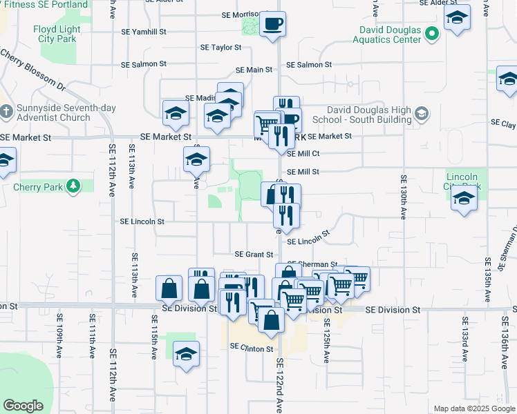 map of restaurants, bars, coffee shops, grocery stores, and more near 1973 Southeast 122nd Avenue in Portland