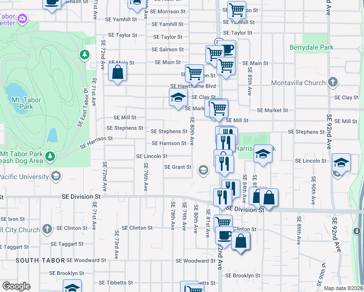 map of restaurants, bars, coffee shops, grocery stores, and more near 7928 Southeast Harrison Street in Portland