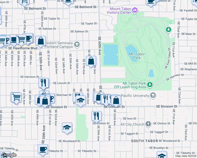 map of restaurants, bars, coffee shops, grocery stores, and more near 2014 Southeast 59th Avenue in Portland
