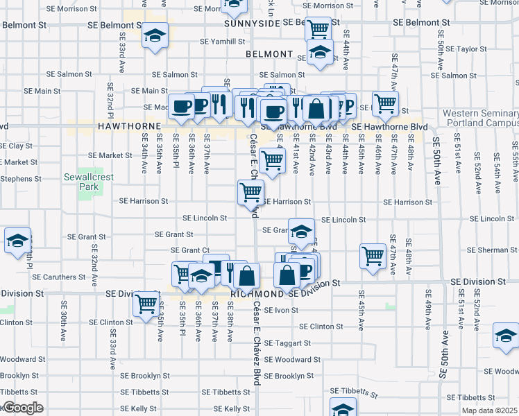 map of restaurants, bars, coffee shops, grocery stores, and more near 3928 Southeast Harrison Street in Portland