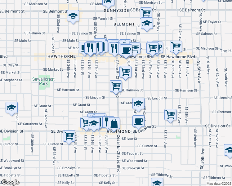 map of restaurants, bars, coffee shops, grocery stores, and more near 3820 Southeast Harrison Street in Portland