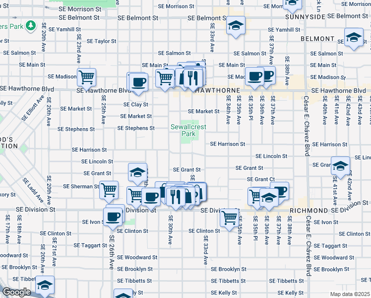 map of restaurants, bars, coffee shops, grocery stores, and more near 3035 Southeast Lincoln Street in Portland