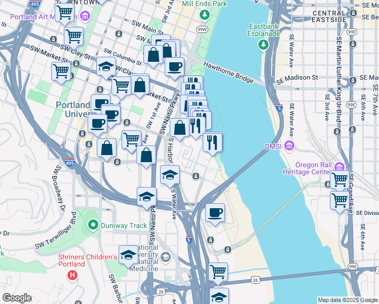 map of restaurants, bars, coffee shops, grocery stores, and more near 1931 South River Square in Portland