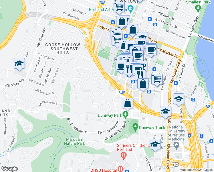 map of restaurants, bars, coffee shops, grocery stores, and more near 2073 Southwest Park Avenue in Portland