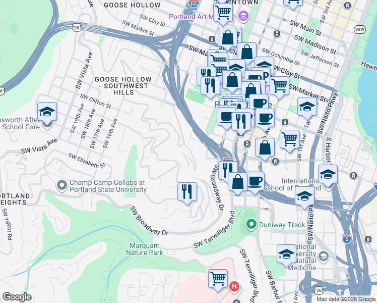 map of restaurants, bars, coffee shops, grocery stores, and more near 1260 Southwest Cardinell Drive in Portland