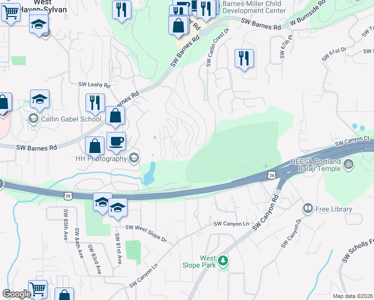 map of restaurants, bars, coffee shops, grocery stores, and more near 7522F Southwest Barnes Road in Portland
