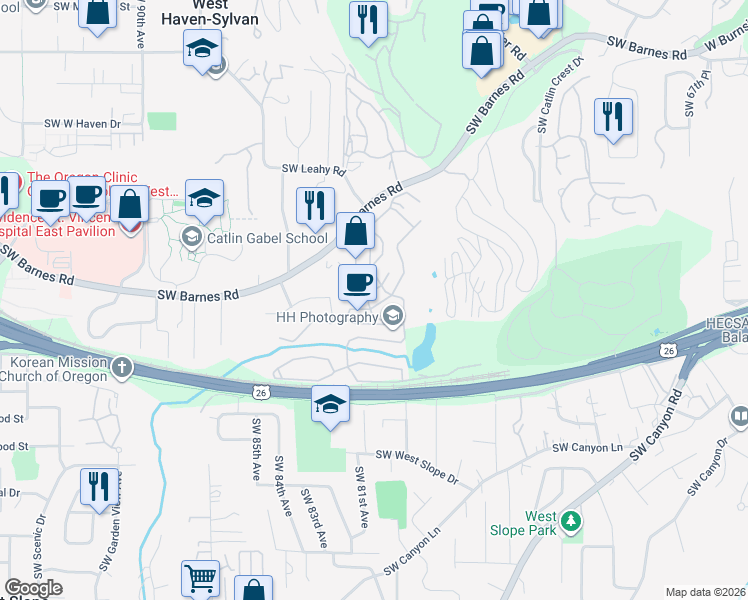 map of restaurants, bars, coffee shops, grocery stores, and more near 8030 Southwest Brookridge Street in Portland