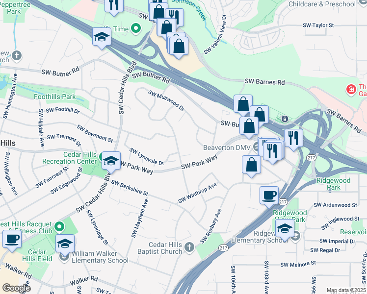 map of restaurants, bars, coffee shops, grocery stores, and more near 1550 Southwest Parkwood Drive in Portland
