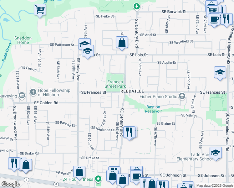 map of restaurants, bars, coffee shops, grocery stores, and more near 1501 Southeast 63rd Place in Hillsboro