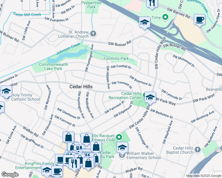 map of restaurants, bars, coffee shops, grocery stores, and more near 1580 Southwest Hilldale Avenue in Portland