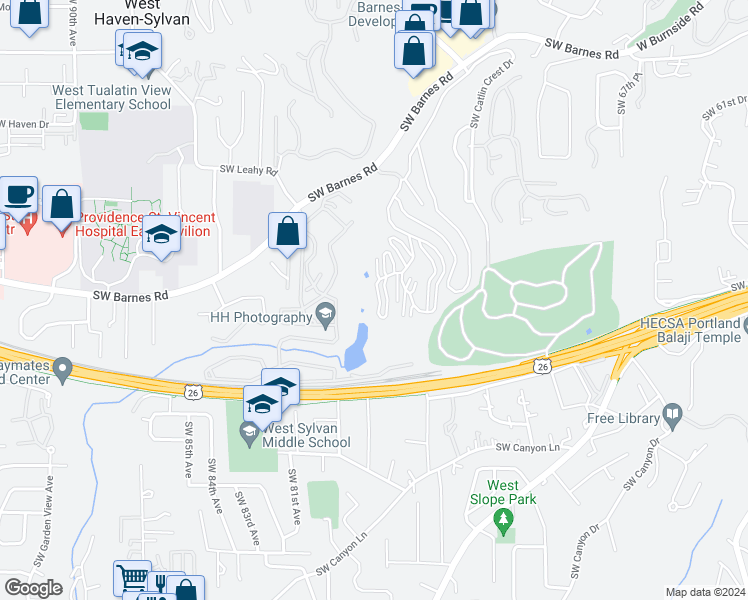 map of restaurants, bars, coffee shops, grocery stores, and more near 7712 Southwest Barnes Road in Portland