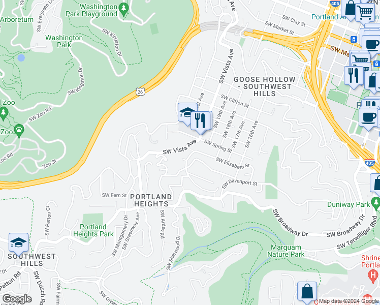 map of restaurants, bars, coffee shops, grocery stores, and more near 1996 Southwest Terrace Drive in Portland
