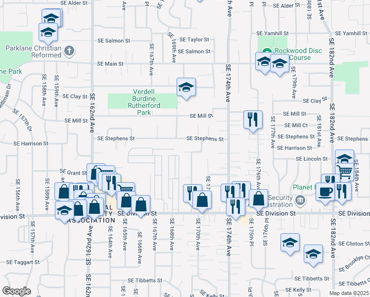 map of restaurants, bars, coffee shops, grocery stores, and more near 16933 Southeast Harrison Street in Portland