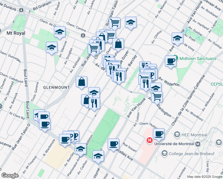 map of restaurants, bars, coffee shops, grocery stores, and more near 2975 Avenue Barclay in Montréal
