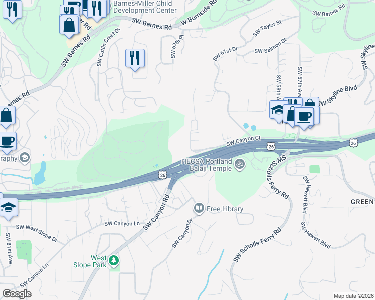 map of restaurants, bars, coffee shops, grocery stores, and more near 1519 Southwest 66th Avenue in Portland