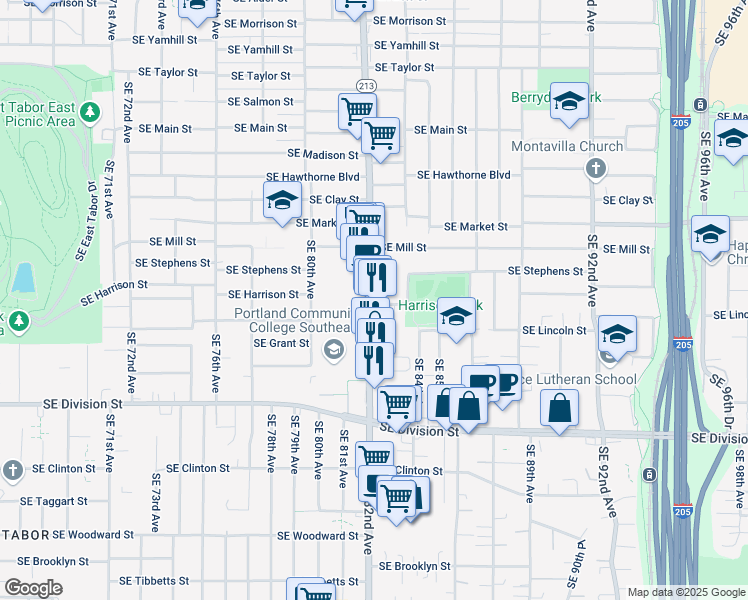 map of restaurants, bars, coffee shops, grocery stores, and more near 1950 Southeast 82nd Avenue in Portland