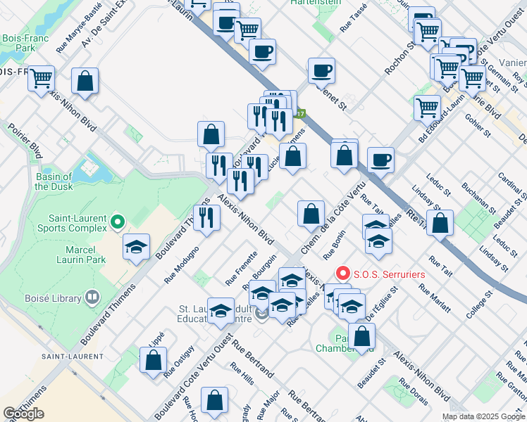 map of restaurants, bars, coffee shops, grocery stores, and more near 2155 Rue Billeron in Montréal