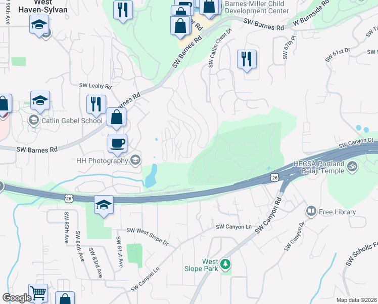 map of restaurants, bars, coffee shops, grocery stores, and more near 7522F Southwest Barnes Road in Portland