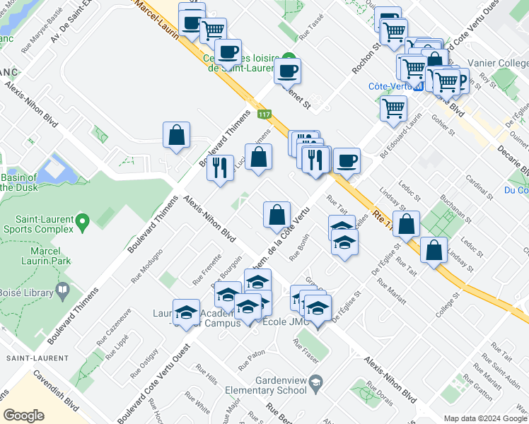 map of restaurants, bars, coffee shops, grocery stores, and more near 2087 Rue Véniard in Montréal