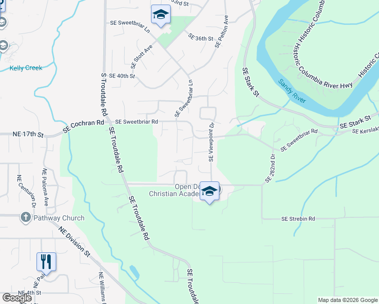 map of restaurants, bars, coffee shops, grocery stores, and more near 4450 Southeast Sweetbriar Lane in Troutdale