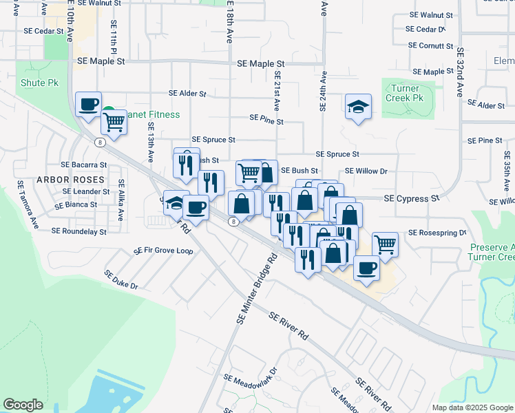 map of restaurants, bars, coffee shops, grocery stores, and more near 1975 Southeast Tualatin Valley Highway in Hillsboro