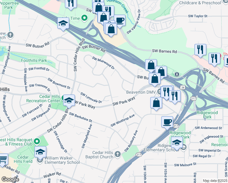map of restaurants, bars, coffee shops, grocery stores, and more near 1550 Southwest Parkwood Drive in Portland