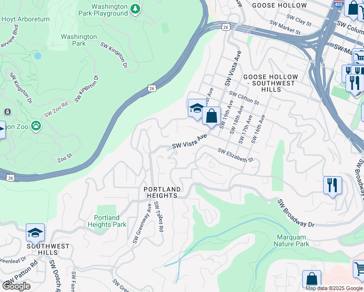 map of restaurants, bars, coffee shops, grocery stores, and more near 2556 Southwest Vista Avenue in Portland