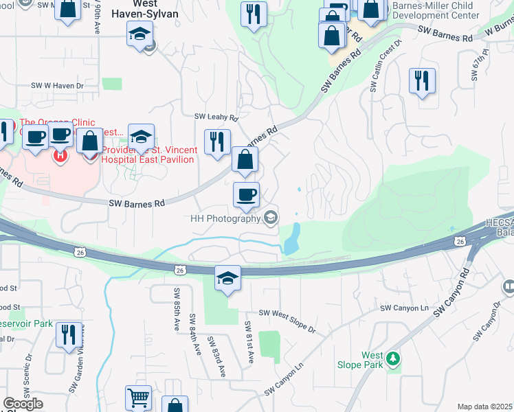 map of restaurants, bars, coffee shops, grocery stores, and more near 8150 Southwest Barnes Road in Portland