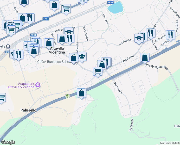 map of restaurants, bars, coffee shops, grocery stores, and more near 736 Via G. Marconi in Altavilla Vicentina