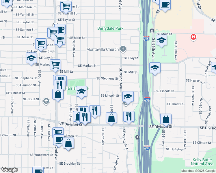 map of restaurants, bars, coffee shops, grocery stores, and more near 9004 Southeast Harrison Street in Portland