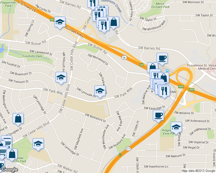 map of restaurants, bars, coffee shops, grocery stores, and more near 1550 Southwest Parkwood Drive in Portland
